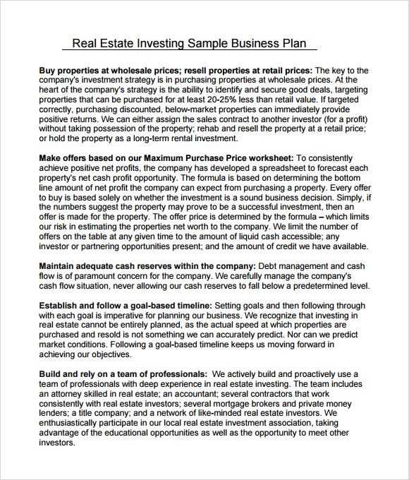Free Real Estate Investment Business Plan Sample 