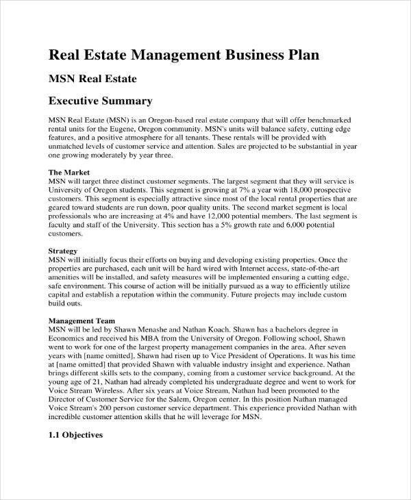 Real Estate Management Business Plan Example 